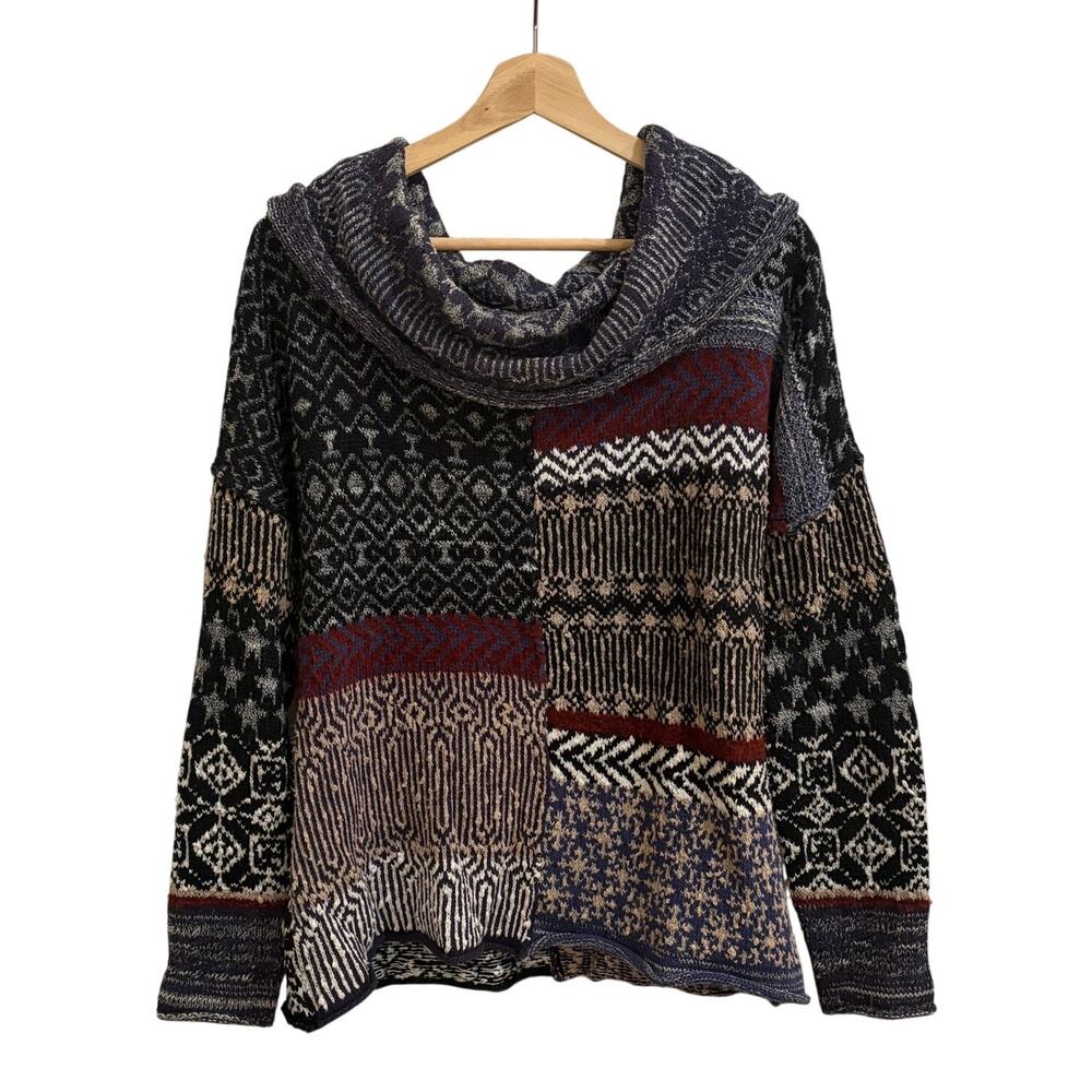 Free People Sweater Womens Small Multicolor Cowl Neck Patchwork Nordic Knit Boho